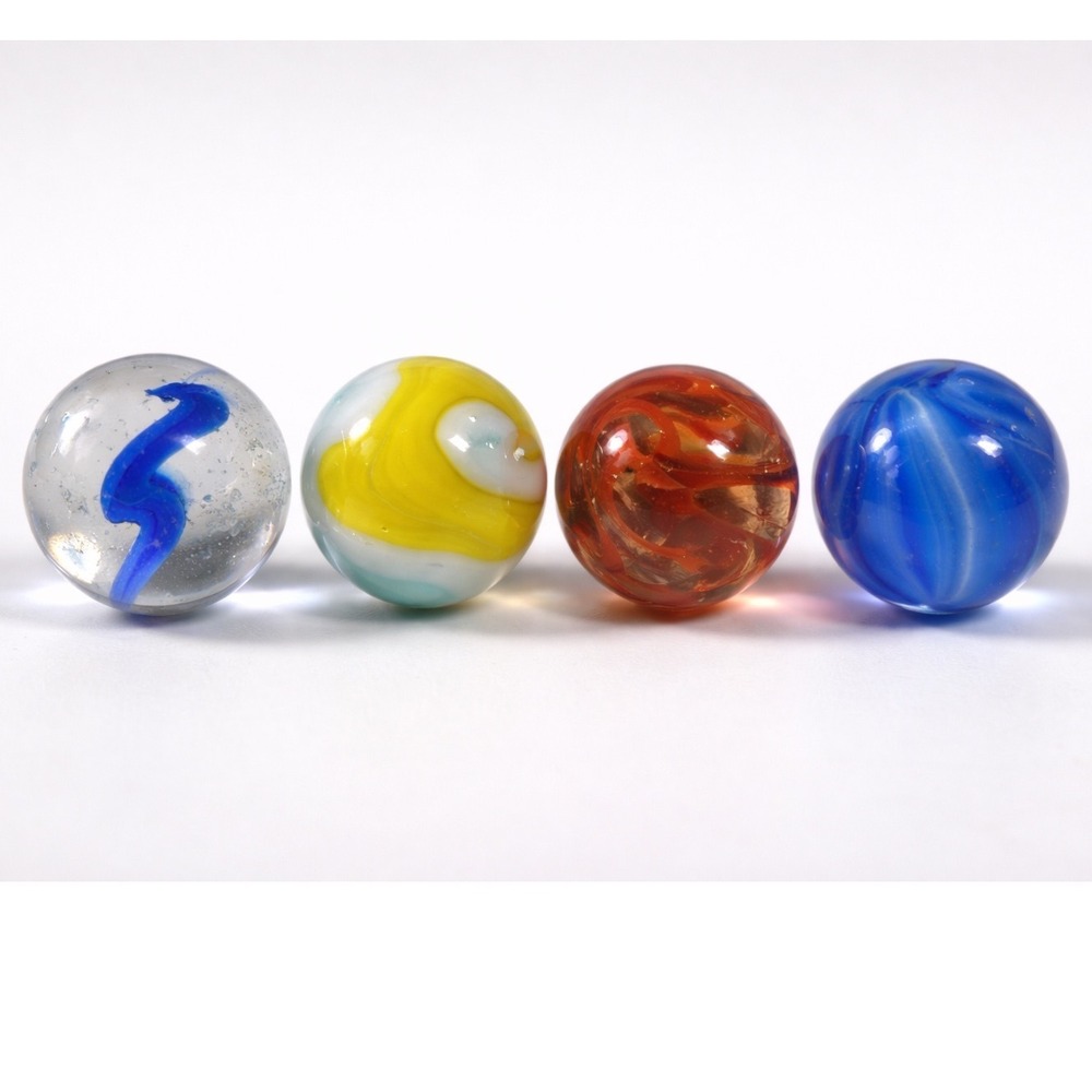 Vtg shooters Glass Marbles Set of 4 Cats Eye Swirl Slag Blue Yellow Red 5/8 Inch